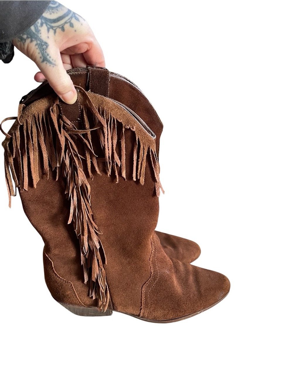 Vintage Brown Suede Fringe Heeled Boots